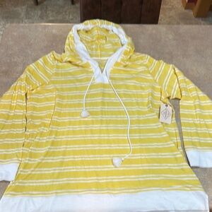NWT- Womens St. John's Bay Yellow and White Striped Hooded shirt size XL